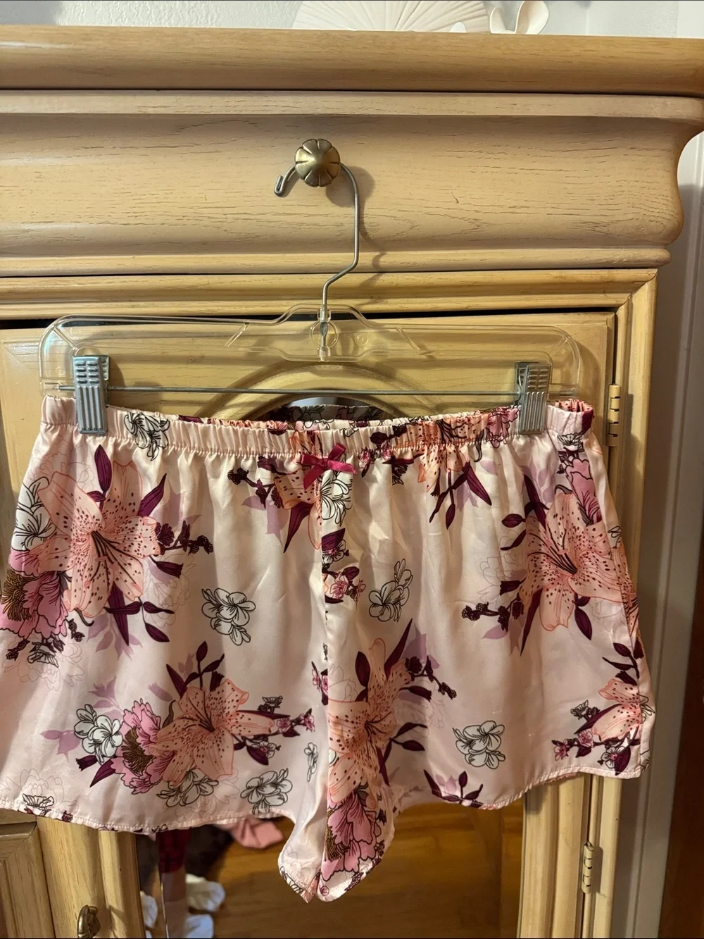 Floral Lace-Trim Pink Satin Camisole & Shorts Sleep Set